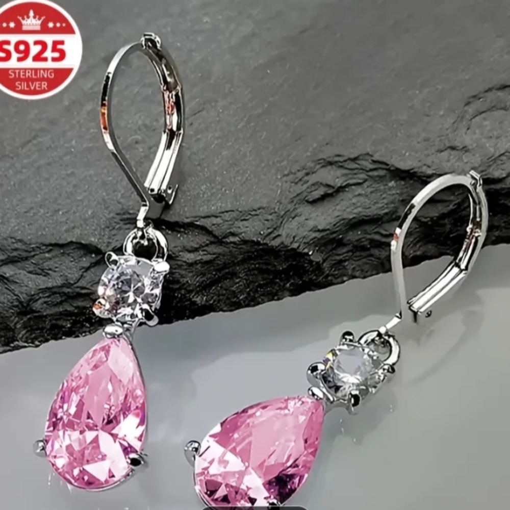 Elegant Pink Teardrop Sterling Silver Earrings - Picture 2 of 2